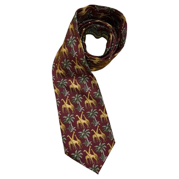 Burberry 100% Silk Burgundy Giraffe Palm Tree Print Mns Tie - Picture 1 of 3